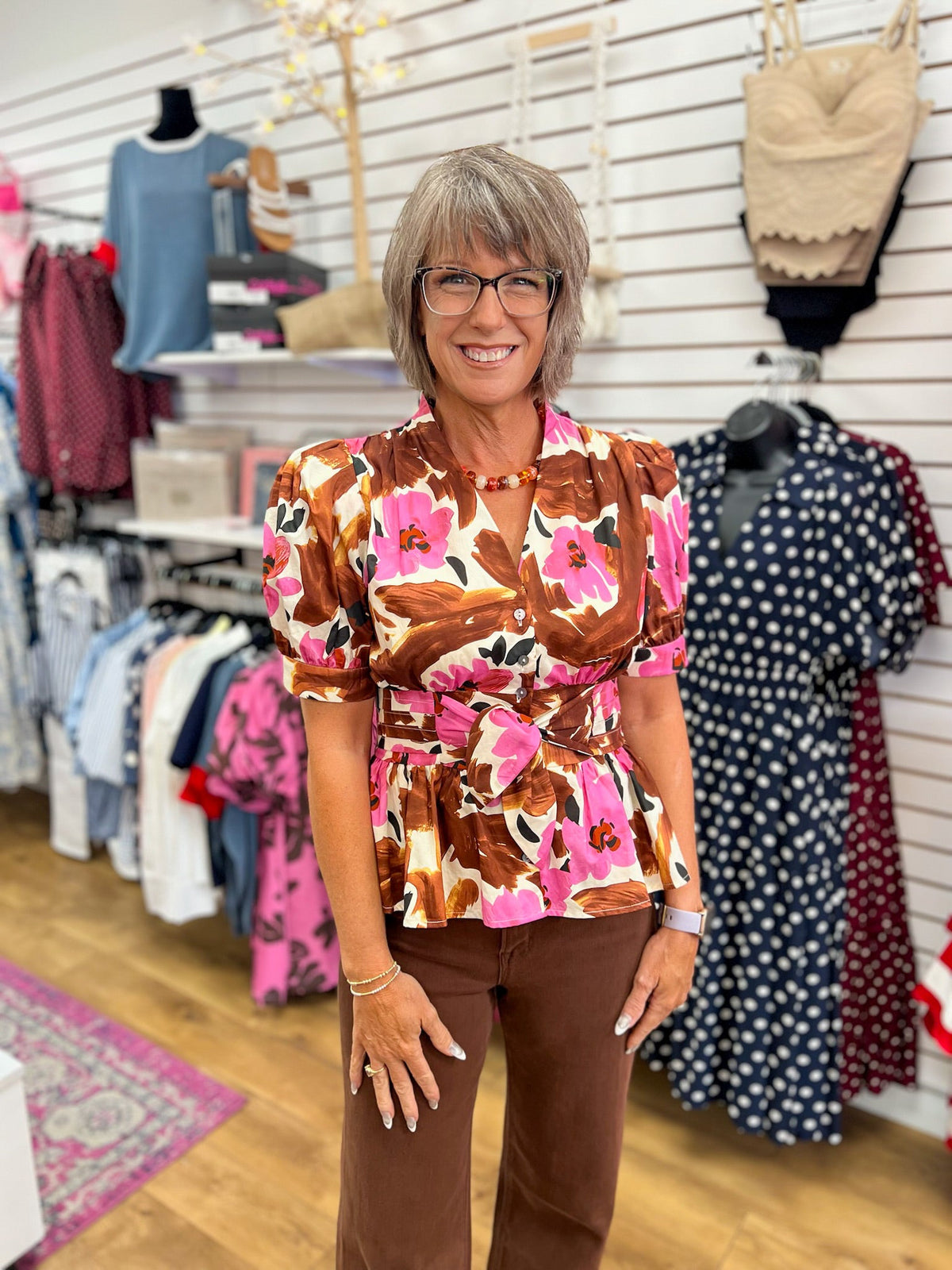 Brown Floral Top with Short Puff Sleeves and Tie Waist - A'Bekah's Boutique