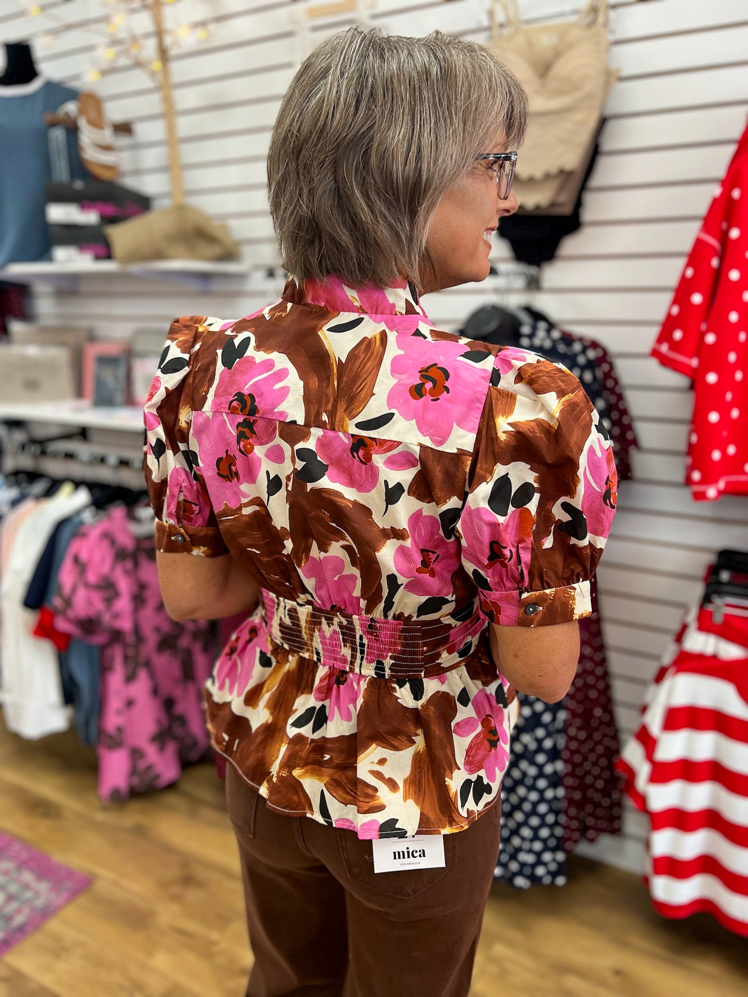 Brown Floral Top with Short Puff Sleeves and Tie Waist - A'Bekah's Boutique