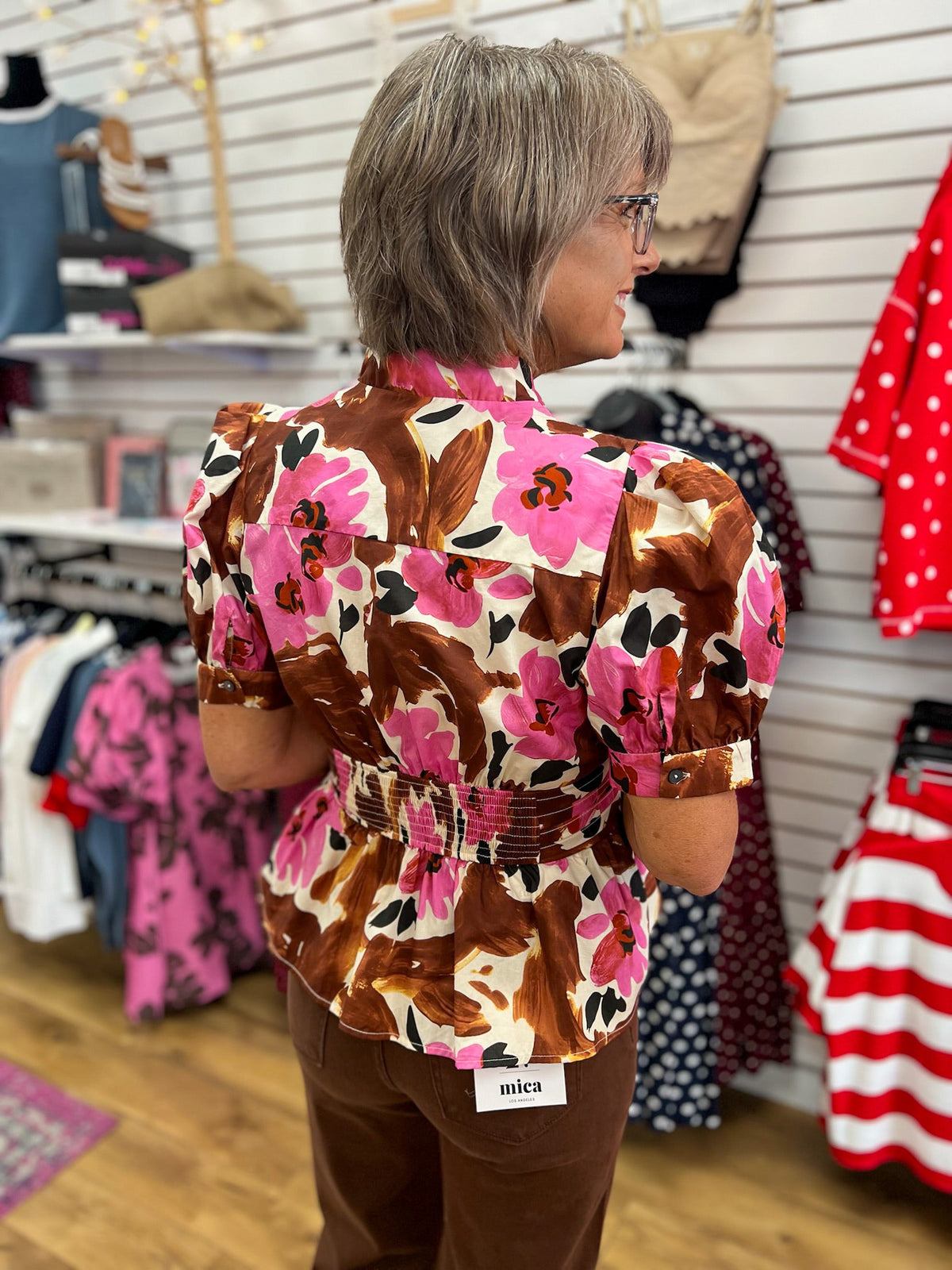 Brown Floral Top with Short Puff Sleeves and Tie Waist - A'Bekah's Boutique