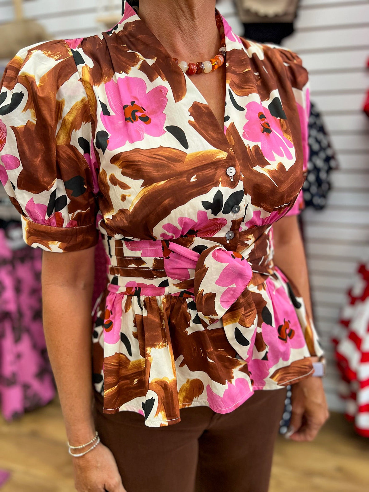 Brown Floral Top with Short Puff Sleeves and Tie Waist - A'Bekah's Boutique