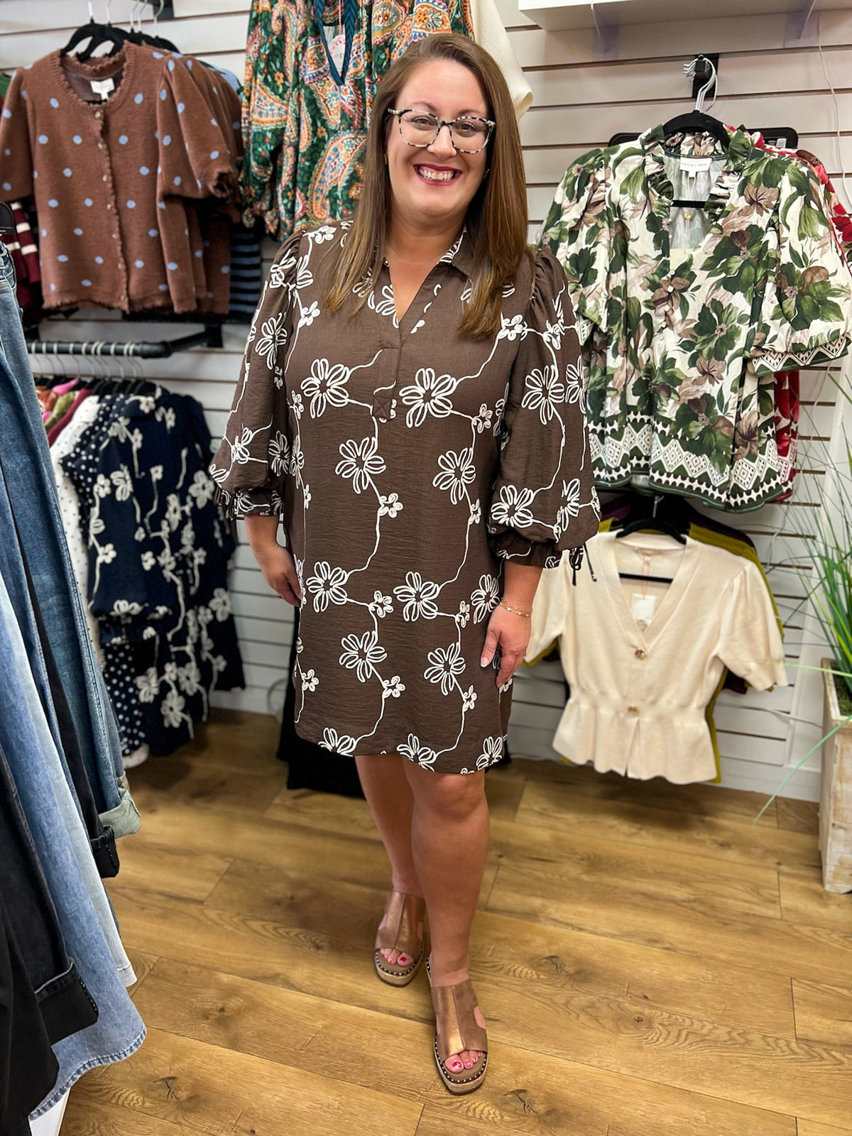 Brown Floral V-Neck Dress with 3/4 Balloon Sleeves - A'Bekah's Boutique