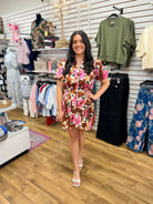 Brown Floral V-Neck Dress with Short Puff Sleeves - A'Bekah's Boutique