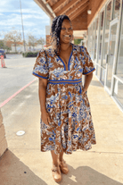 Brown Floral V - Neck Midi Dress with Contrast Trim Details (C) - A'Bekah's Boutique