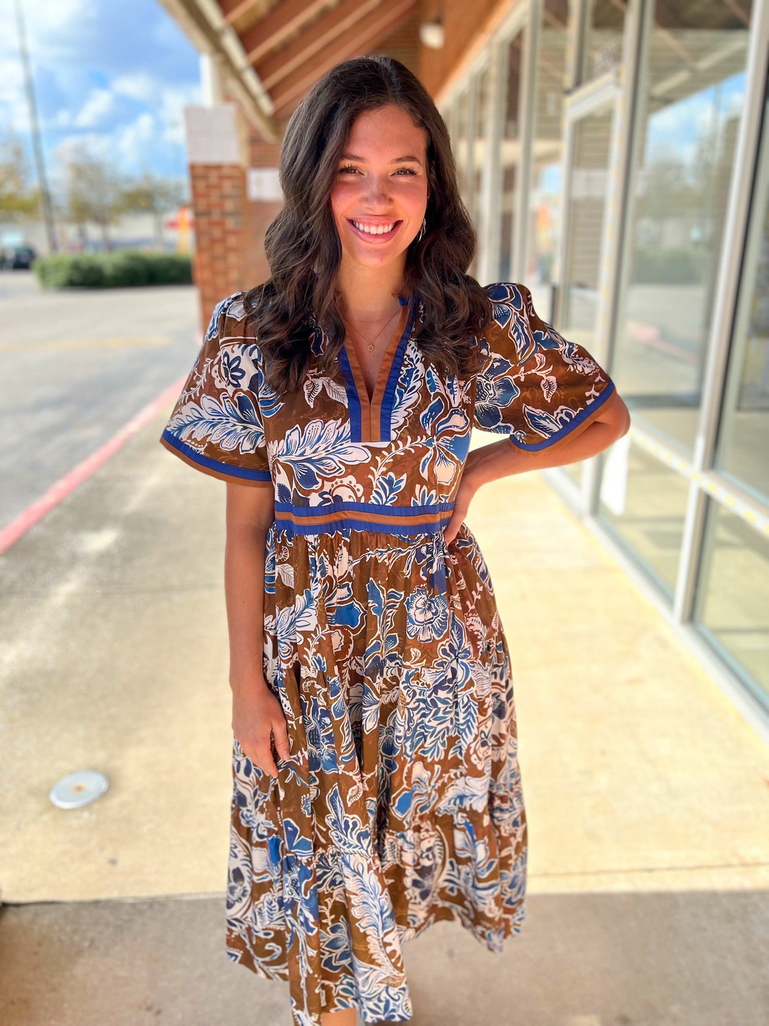 Brown Floral V - Neck Midi Dress with Contrast Trim Details (C) - A'Bekah's Boutique