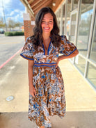 Brown Floral V - Neck Midi Dress with Contrast Trim Details (C) - A'Bekah's Boutique