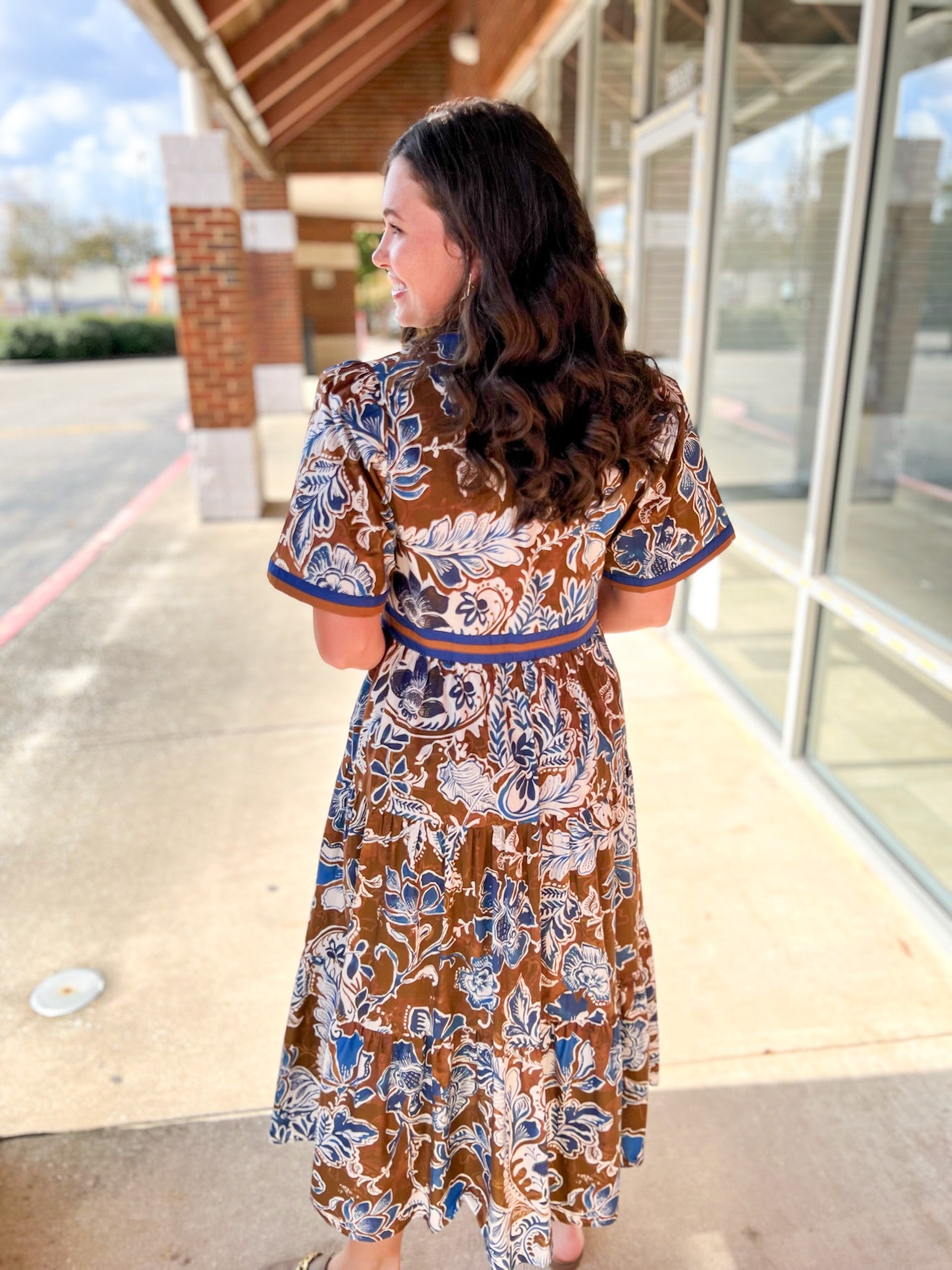 Brown Floral V - Neck Midi Dress with Contrast Trim Details (R) - A'Bekah's Boutique