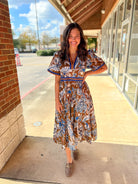 Brown Floral V - Neck Midi Dress with Contrast Trim Details (R) - A'Bekah's Boutique