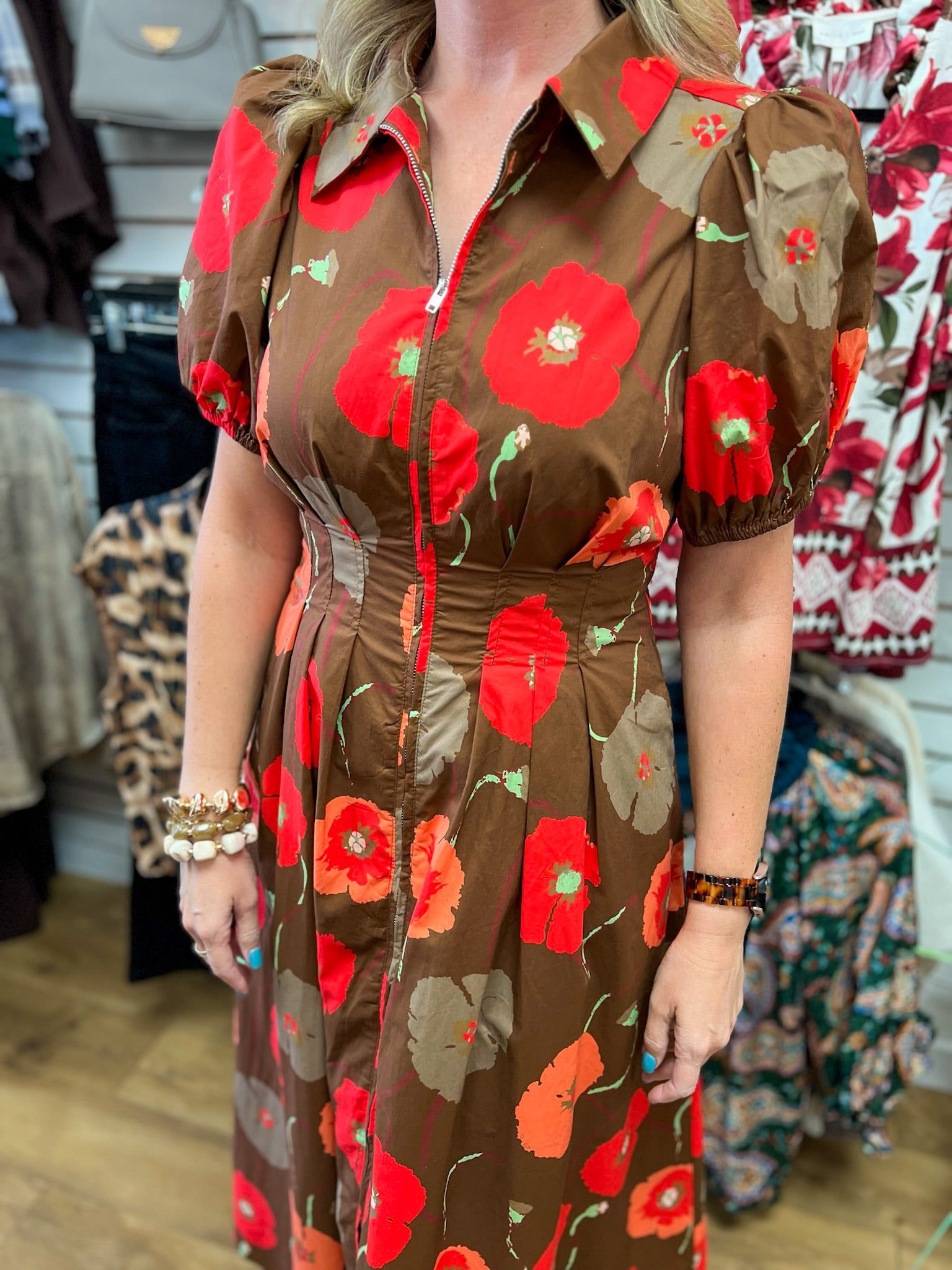 Brown Floral Zip Front Midi Dress with Pockets - A'Bekah's Boutique