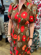 Brown Floral Zip Front Midi Dress with Pockets - A'Bekah's Boutique