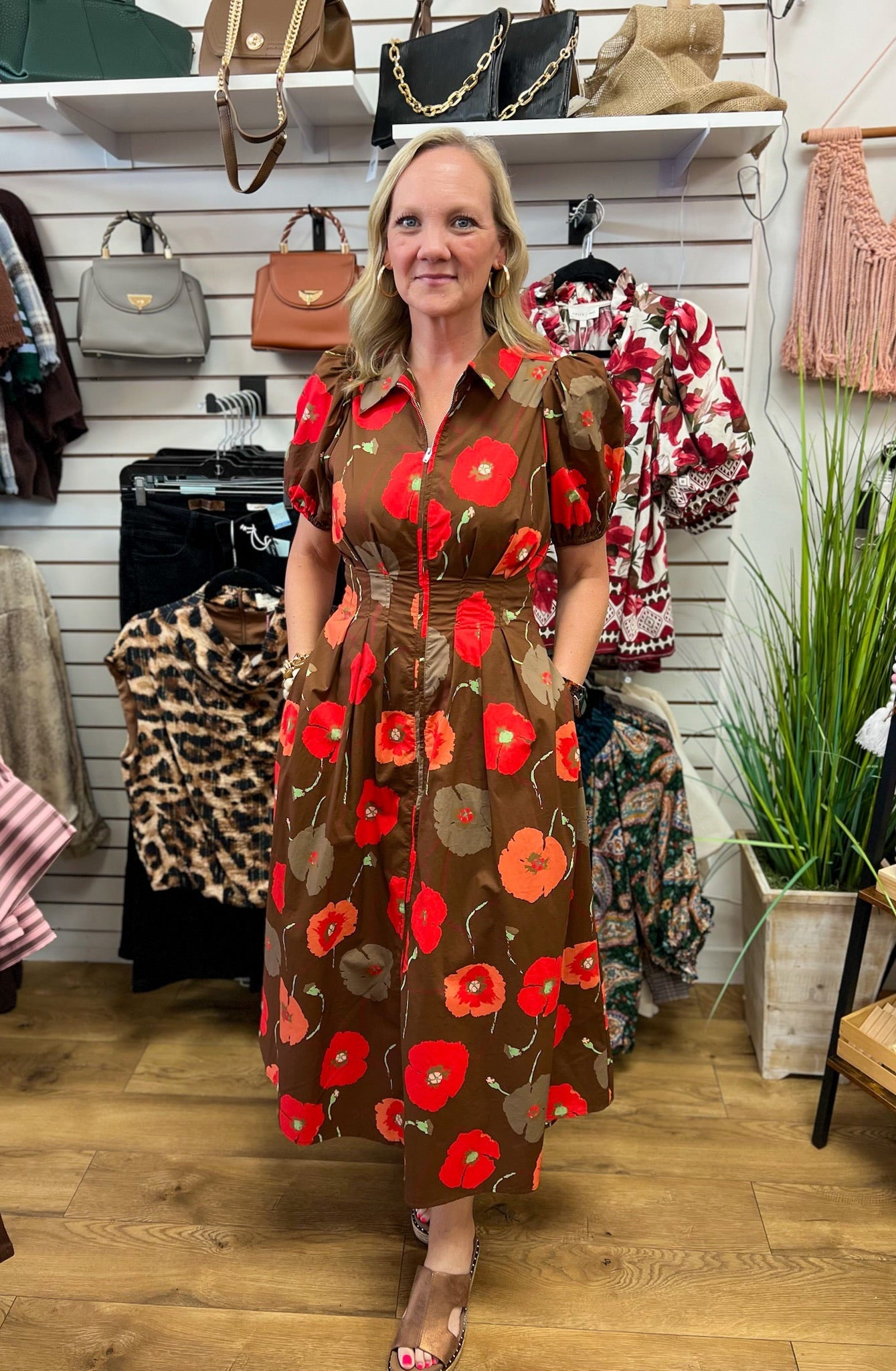 Brown Floral Zip Front Midi Dress with Pockets - A'Bekah's Boutique