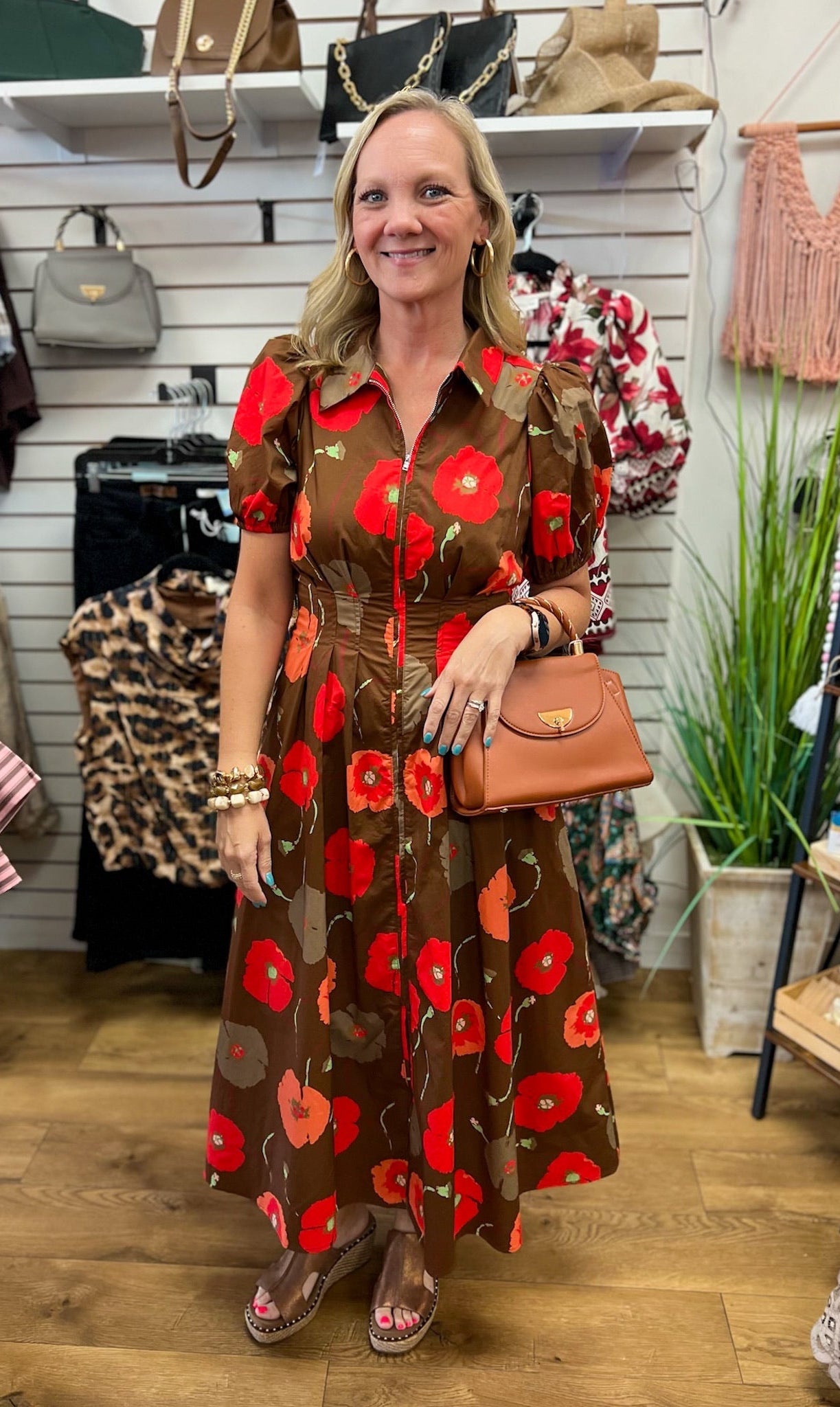 Brown Floral Zip Front Midi Dress with Pockets - A'Bekah's Boutique