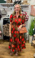 Brown Floral Zip Front Midi Dress with Pockets - A'Bekah's Boutique