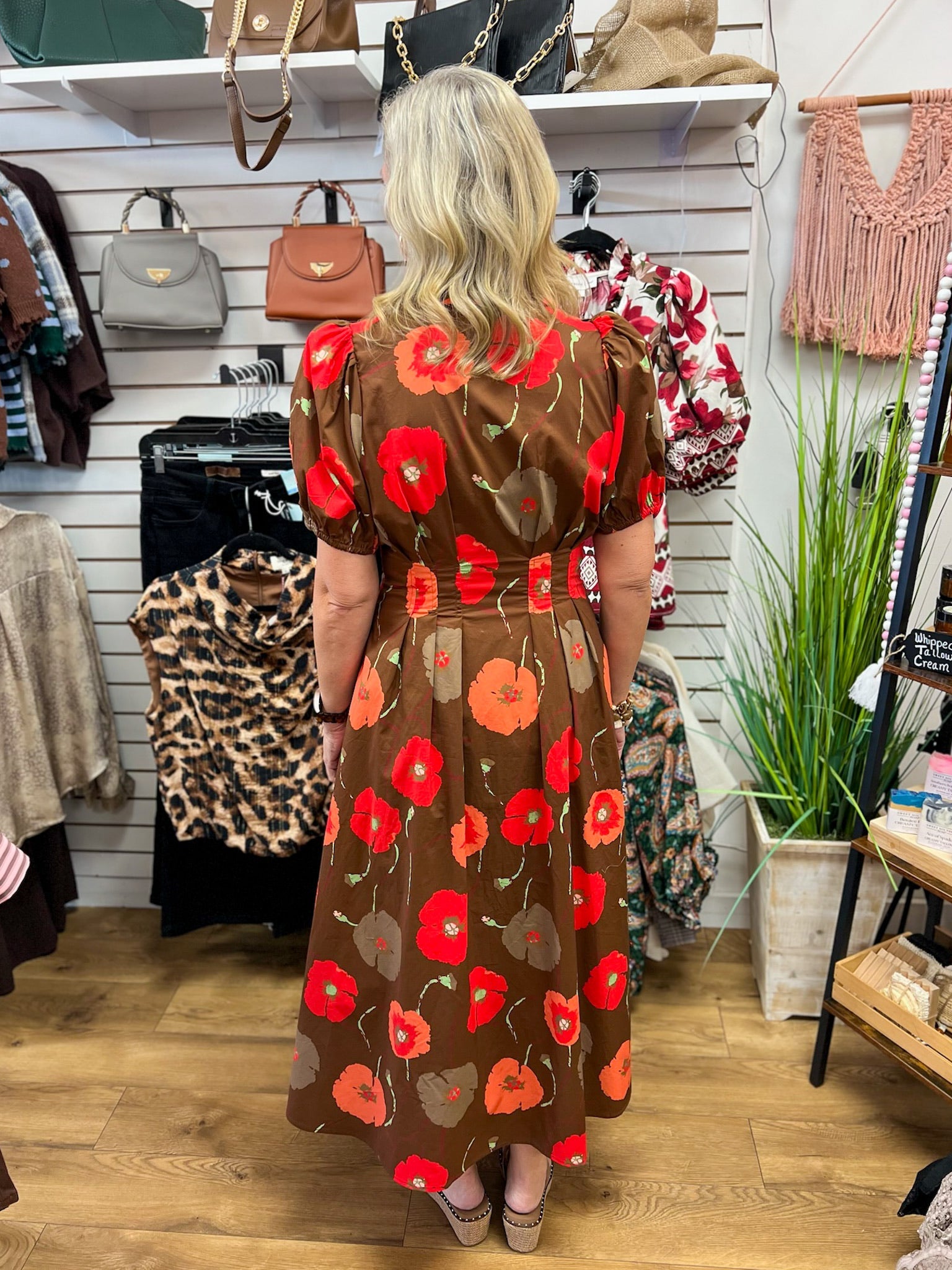 Brown Floral Zip Front Midi Dress with Pockets - A'Bekah's Boutique