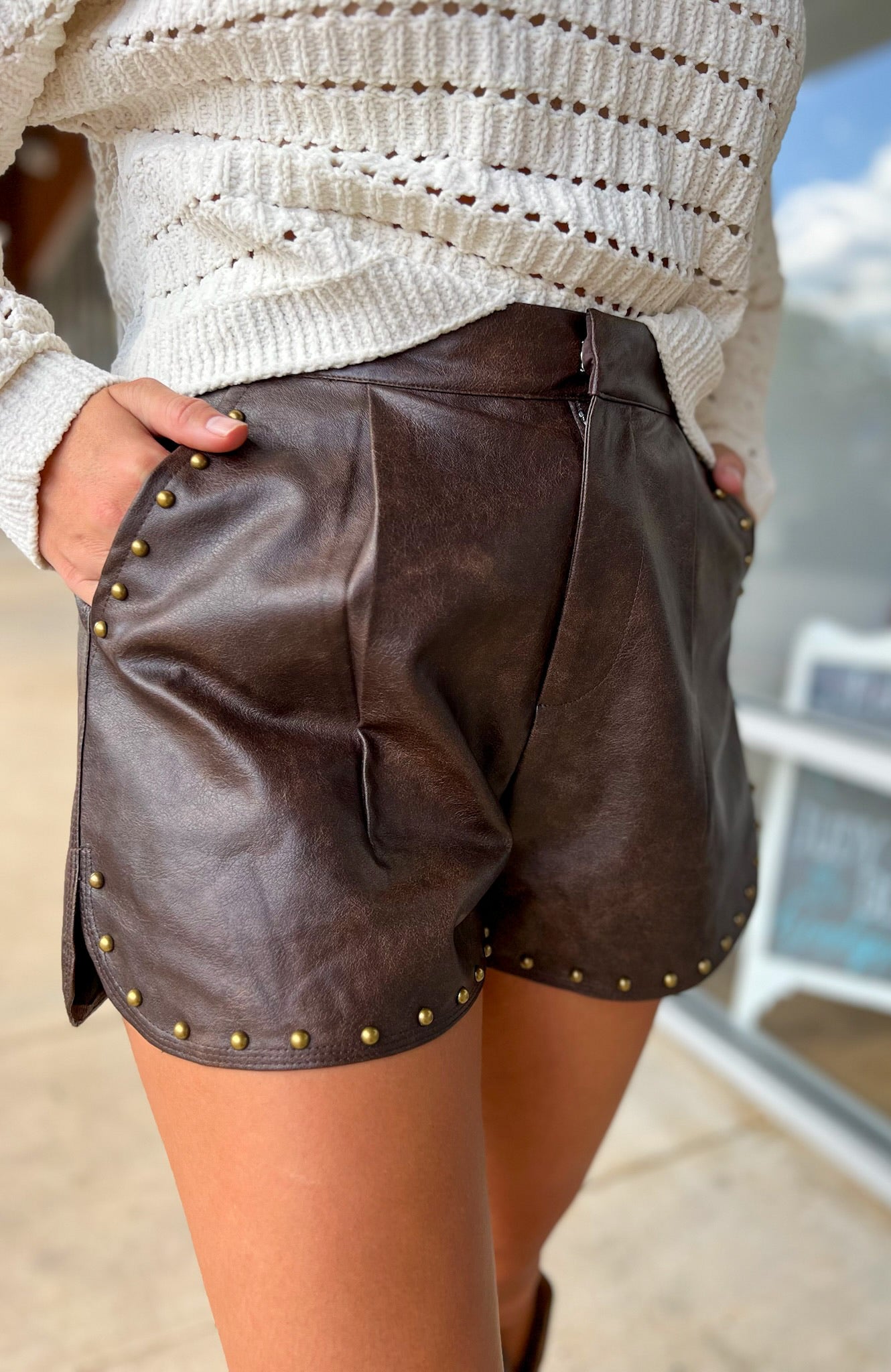Brown High Rise Faux Leather Shorts with Stud Details - A'Bekah's Boutique