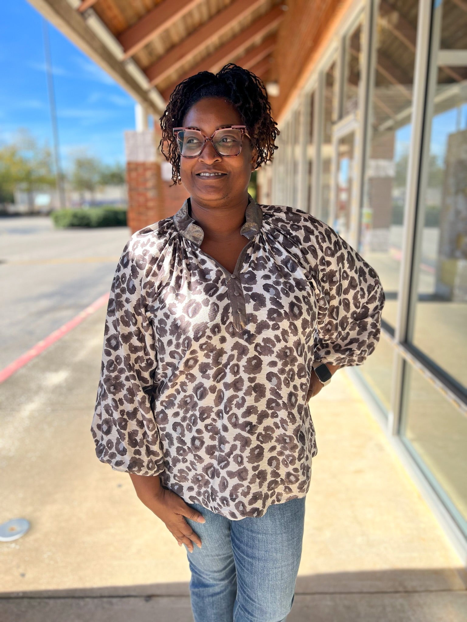 Brown Leopard Print 3/4 Sleeve Top with Scalloped Neckline (C) - A'Bekah's Boutique