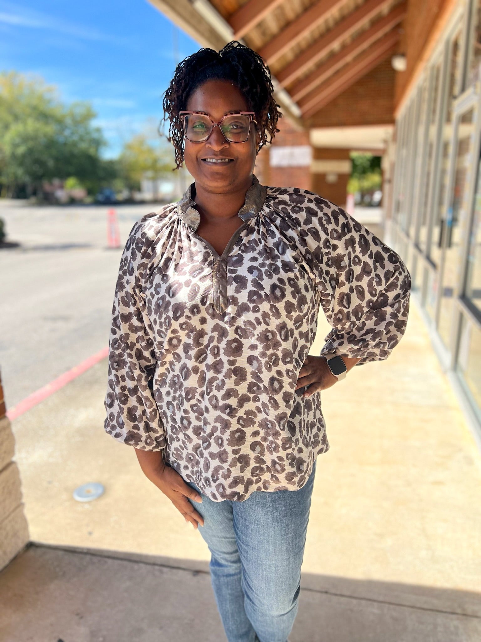 Brown Leopard Print 3/4 Sleeve Top with Scalloped Neckline (C) - A'Bekah's Boutique