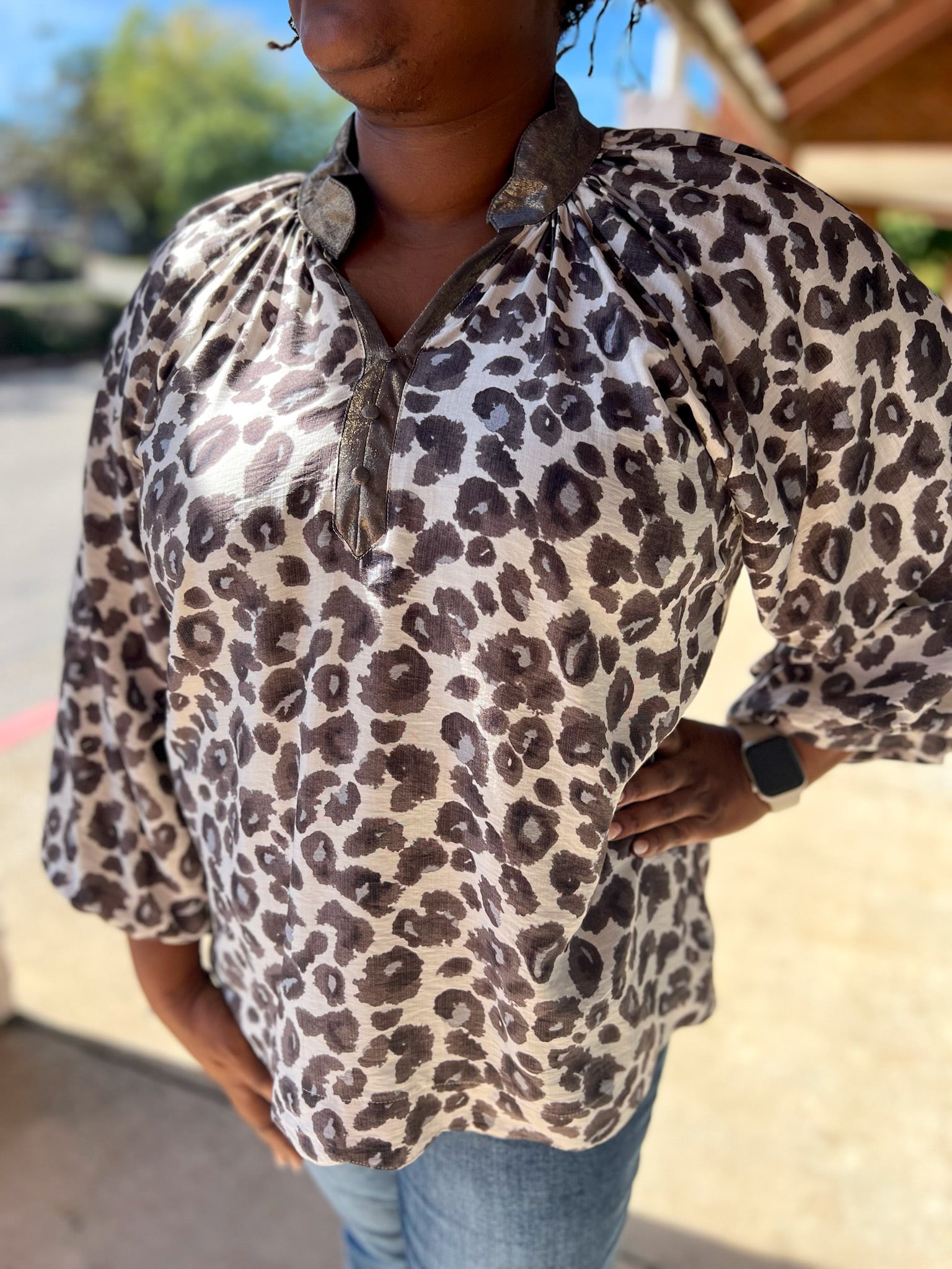 Brown Leopard Print 3/4 Sleeve Top with Scalloped Neckline (C) - A'Bekah's Boutique