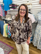 Brown Paisley Print Top with Self Tie Neckline - A'Bekah's Boutique