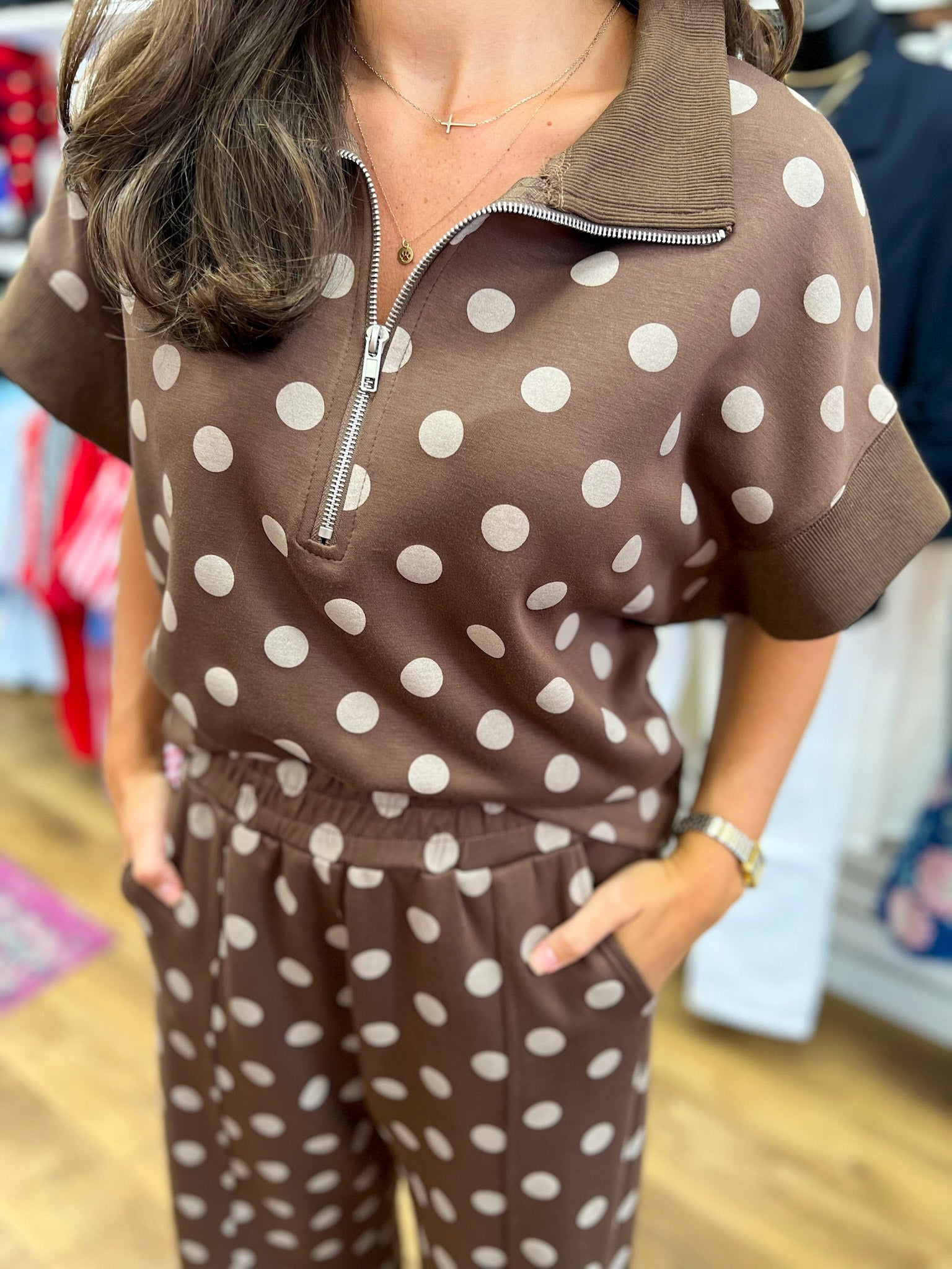 Brown Polka Dot Long Knit Pant Set - A'Bekah's Boutique