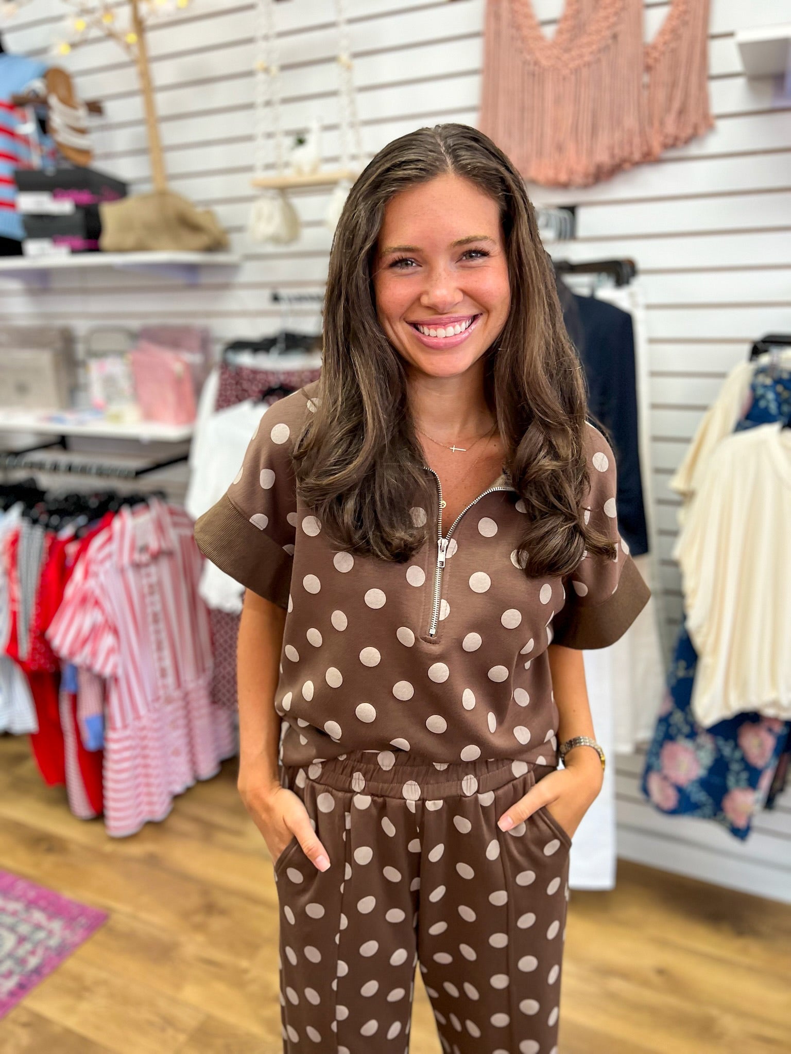 Brown Polka Dot Long Knit Pant Set - A'Bekah's Boutique
