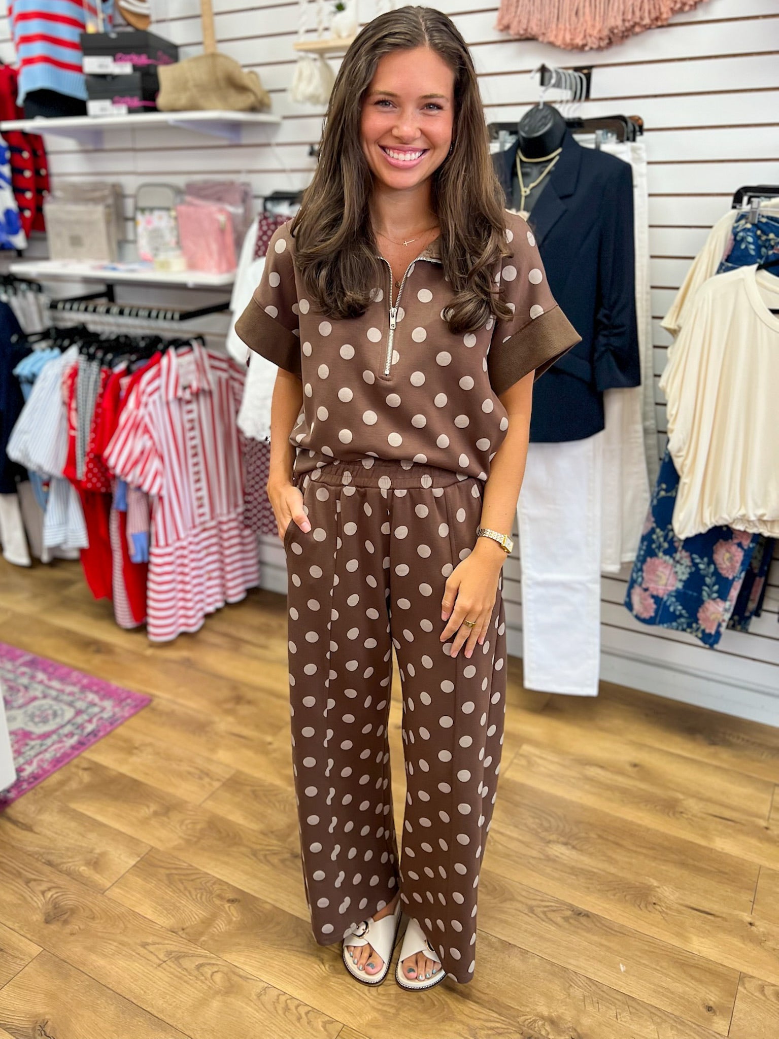Brown Polka Dot Long Knit Pant Set - A'Bekah's Boutique