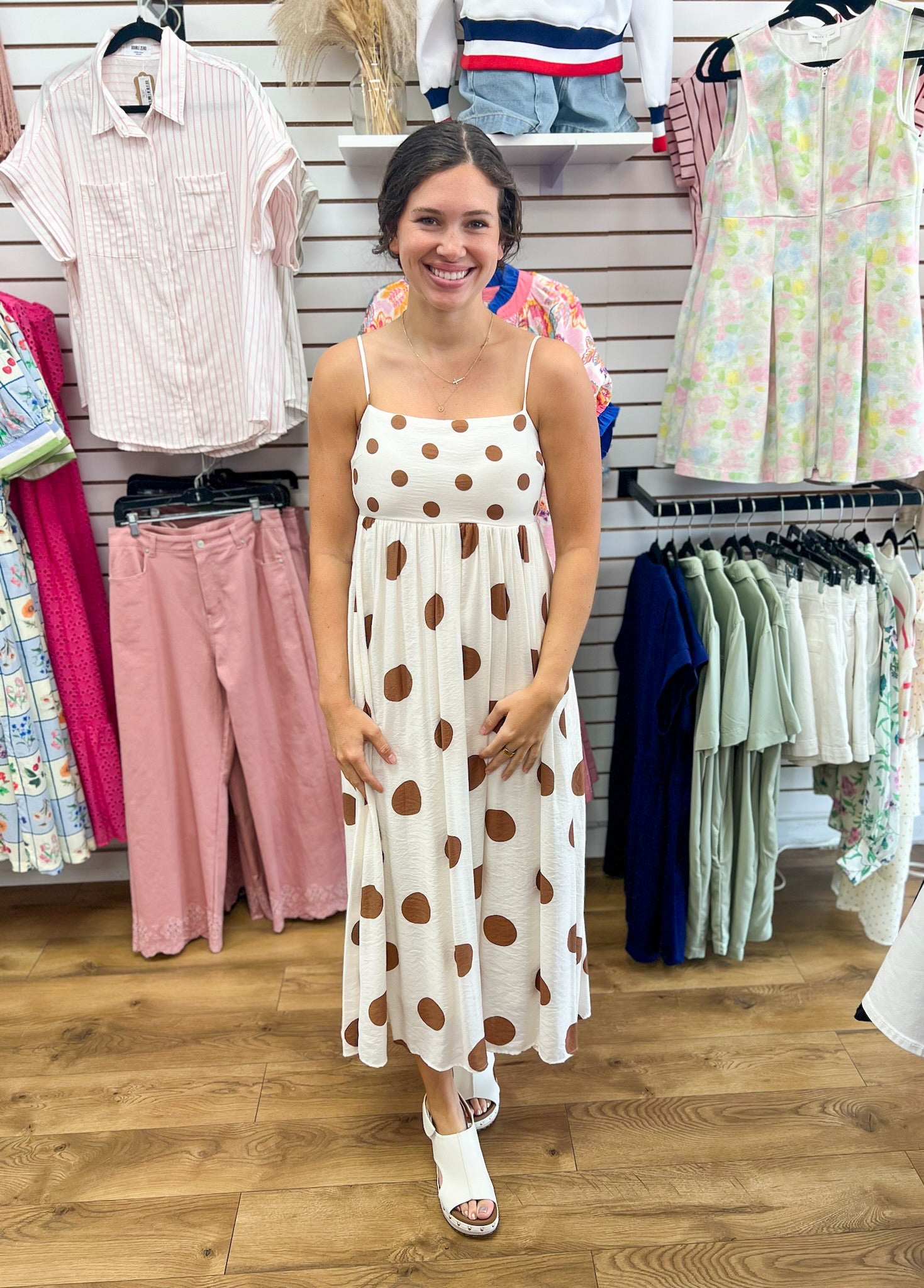 Brown Polka Dot Midi Dress with Spaghetti Straps - A'Bekah's Boutique