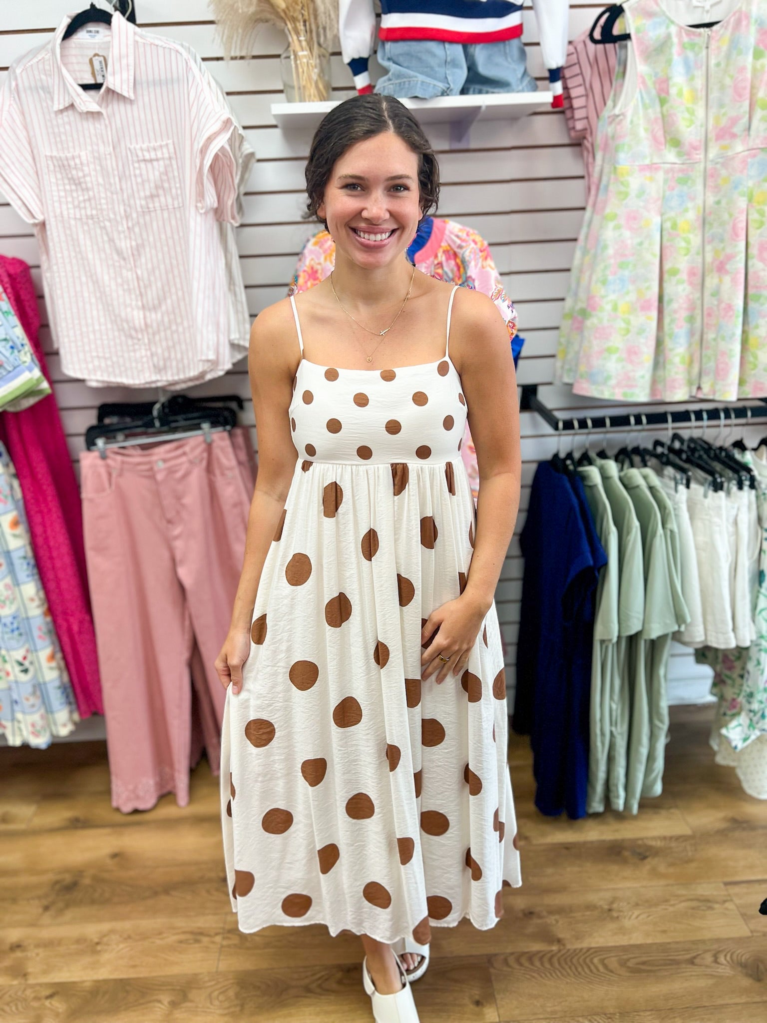 Brown Polka Dot Midi Dress with Spaghetti Straps - A'Bekah's Boutique