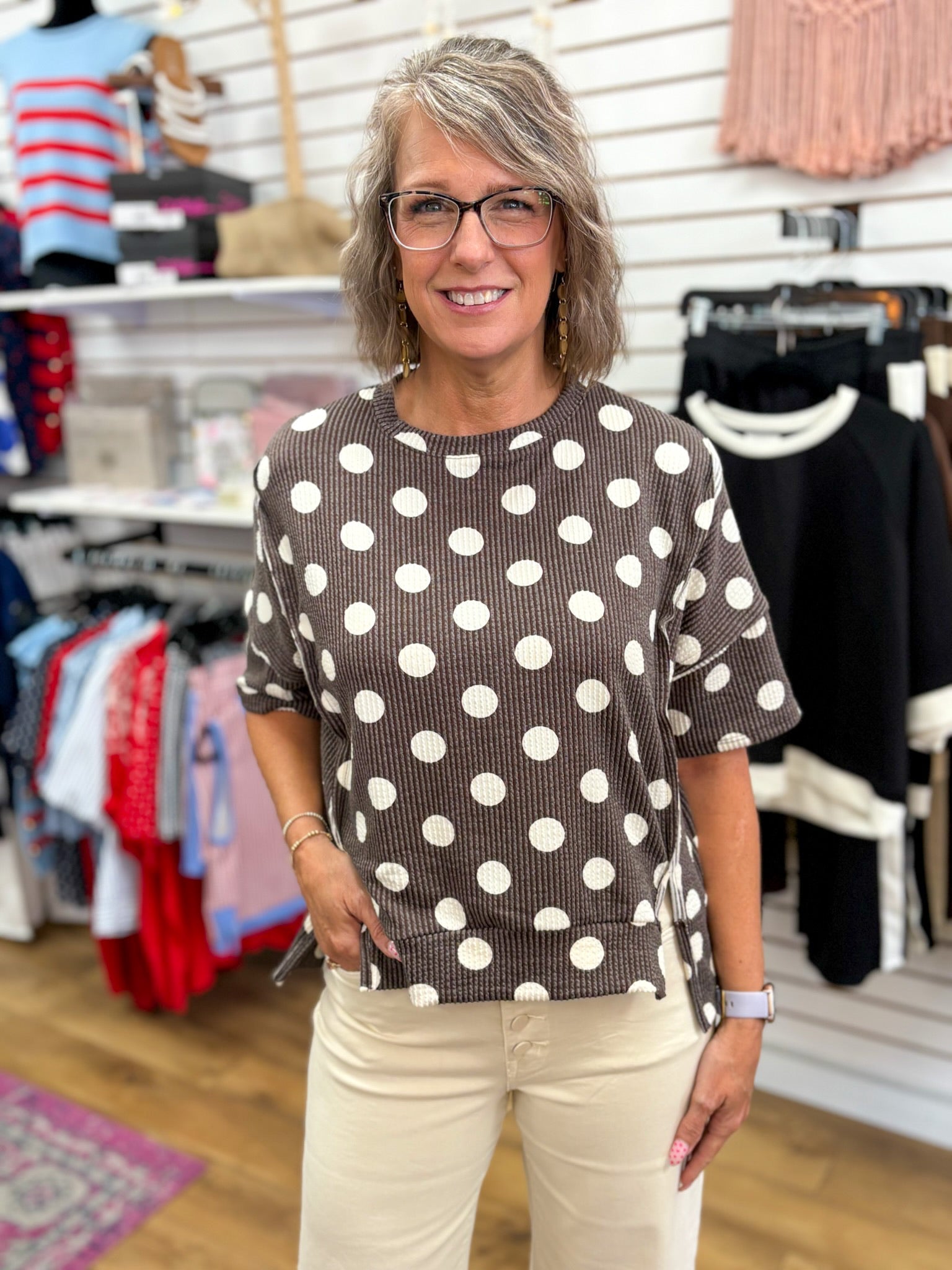 Brown Polka Dot Rib Knit Top - A'Bekah's Boutique