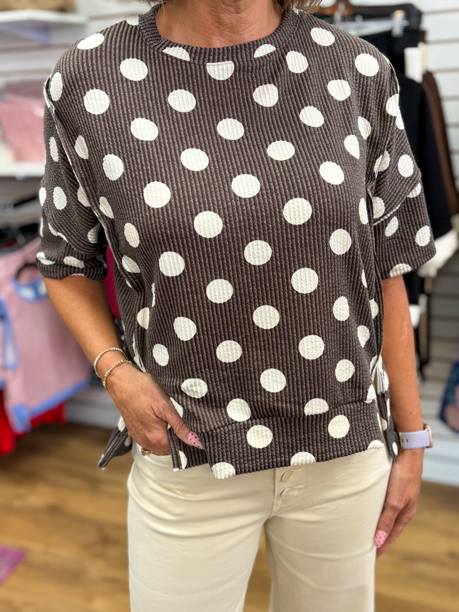 Brown Polka Dot Rib Knit Top - A'Bekah's Boutique