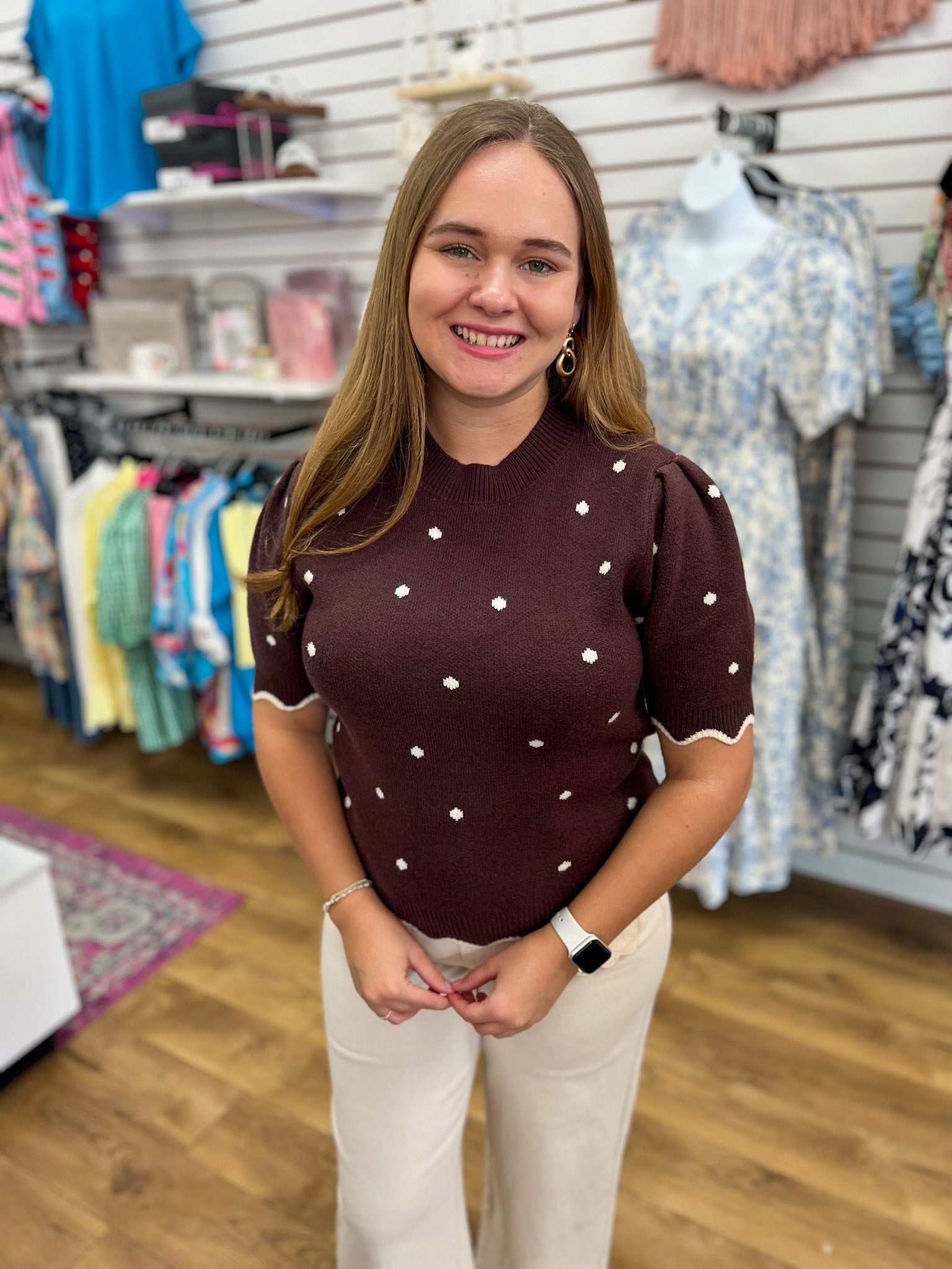 Brown Polka Dot Short Sleeve Sweater with Scallop Detailing - A'Bekah's Boutique