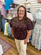 Brown Polka Dot Short Sleeve Sweater with Scallop Detailing - A'Bekah's Boutique