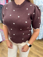 Brown Polka Dot Short Sleeve Sweater with Scallop Detailing - A'Bekah's Boutique