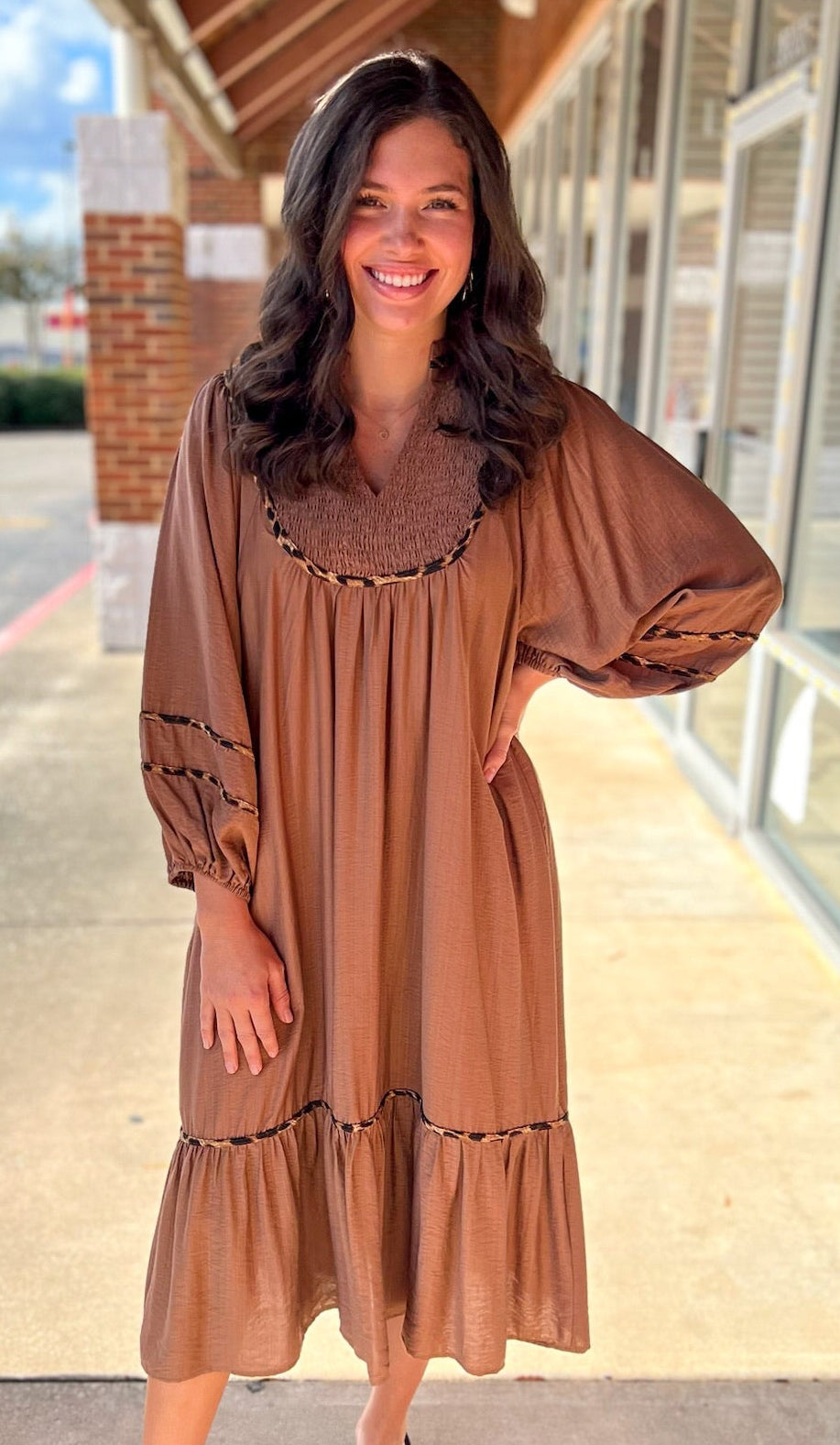 Brown Smocked Yoke Midi Dress with Boho Animal Print Trim - A'Bekah's Boutique