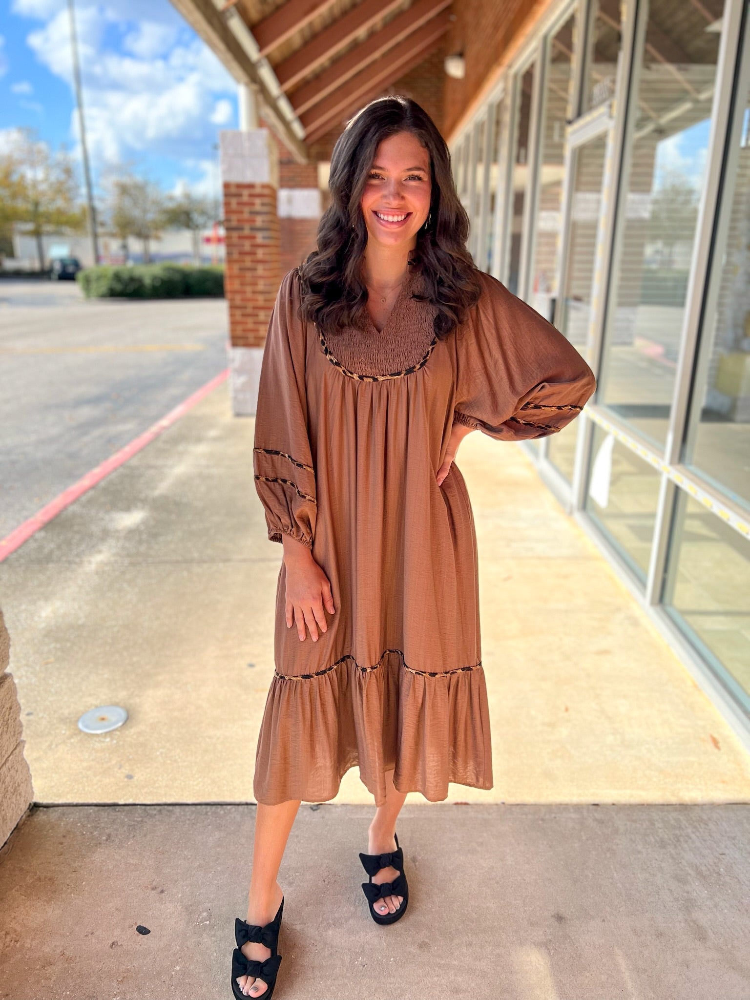 Brown Smocked Yoke Midi Dress with Boho Animal Print Trim - A'Bekah's Boutique