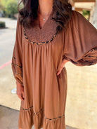 Brown Smocked Yoke Midi Dress with Boho Animal Print Trim - A'Bekah's Boutique