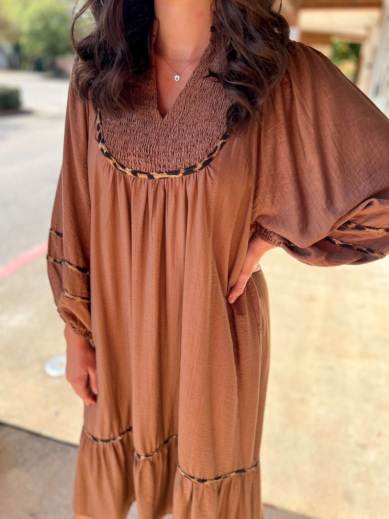 Brown Smocked Yoke Midi Dress with Boho Animal Print Trim - A'Bekah's Boutique