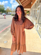 Brown Smocked Yoke Midi Dress with Boho Animal Print Trim - A'Bekah's Boutique