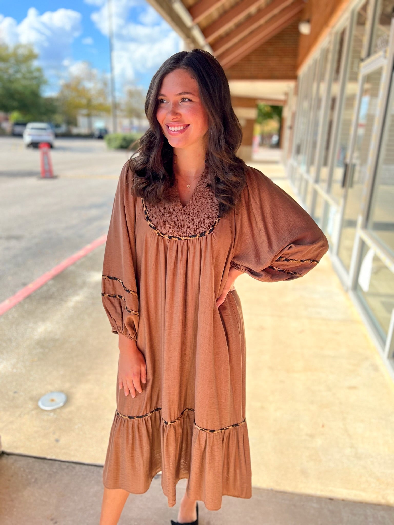 Brown Smocked Yoke Midi Dress with Boho Animal Print Trim - A'Bekah's Boutique