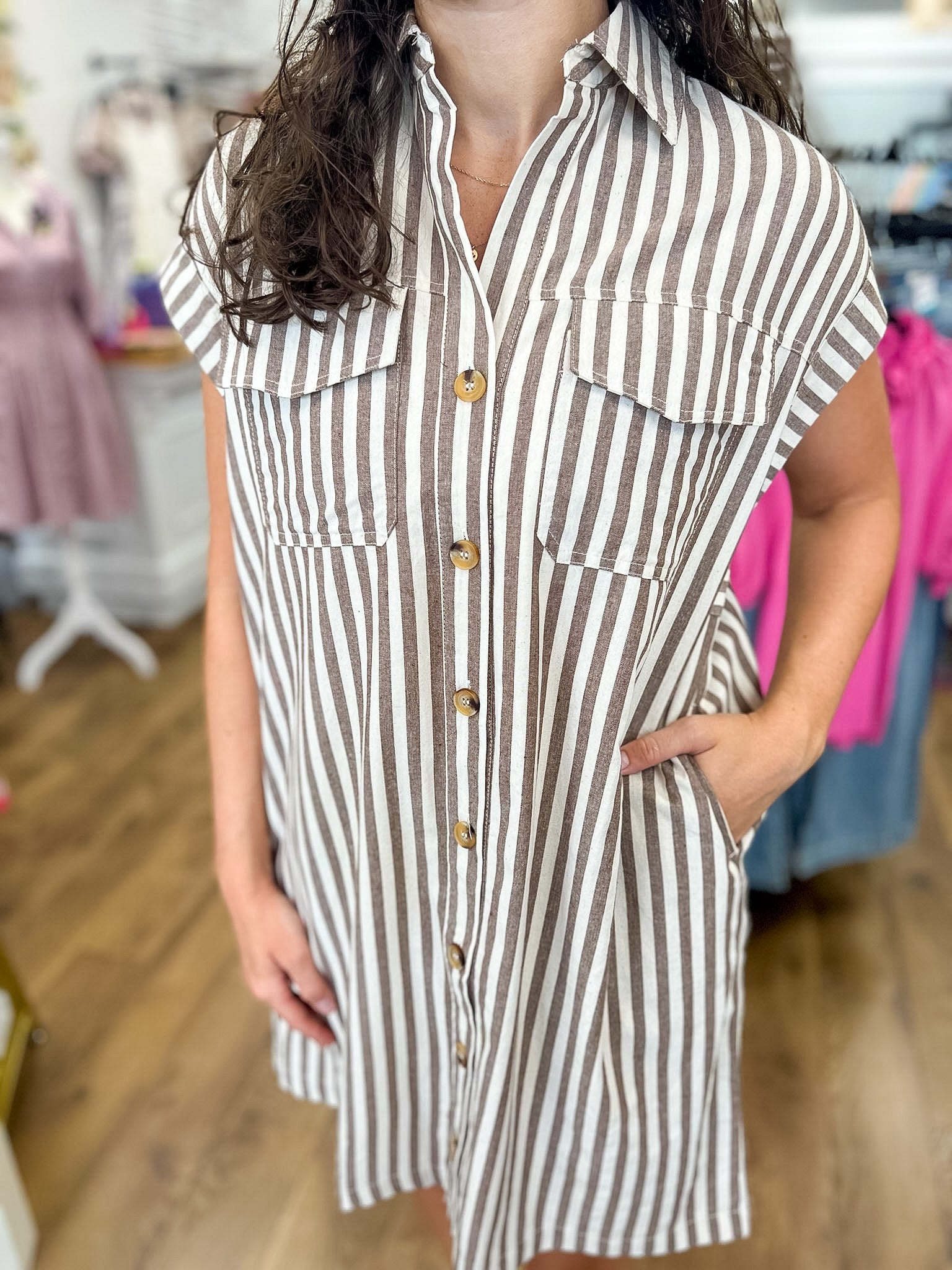 Brown Striped Button Up Dress with Pockets - A'Bekah's Boutique