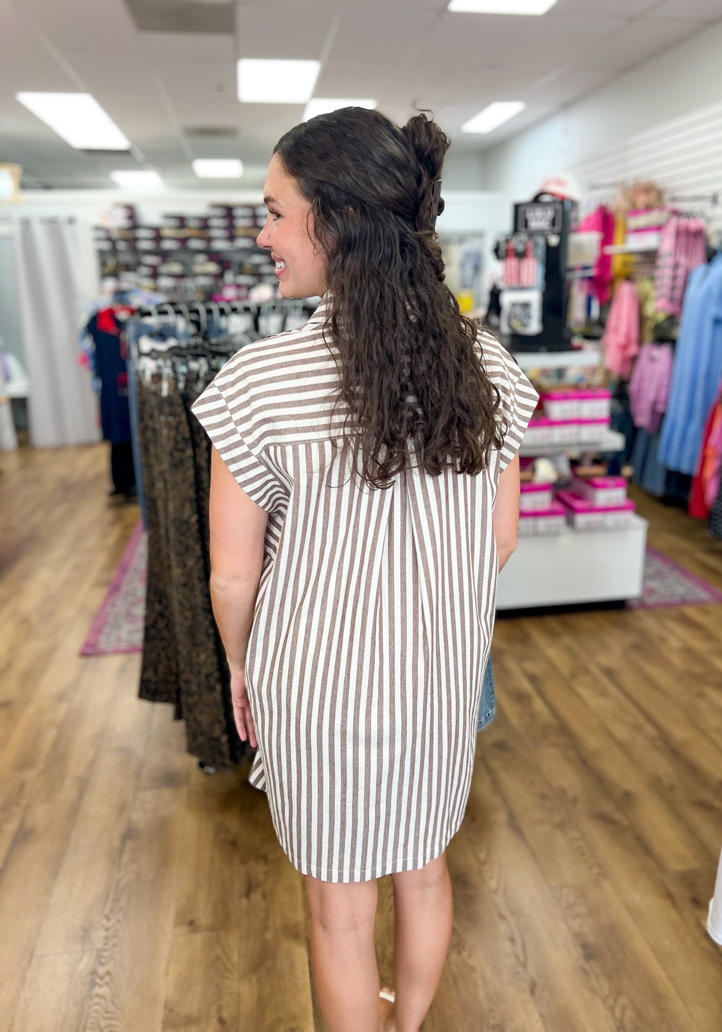 Brown Striped Button Up Dress with Pockets - A'Bekah's Boutique