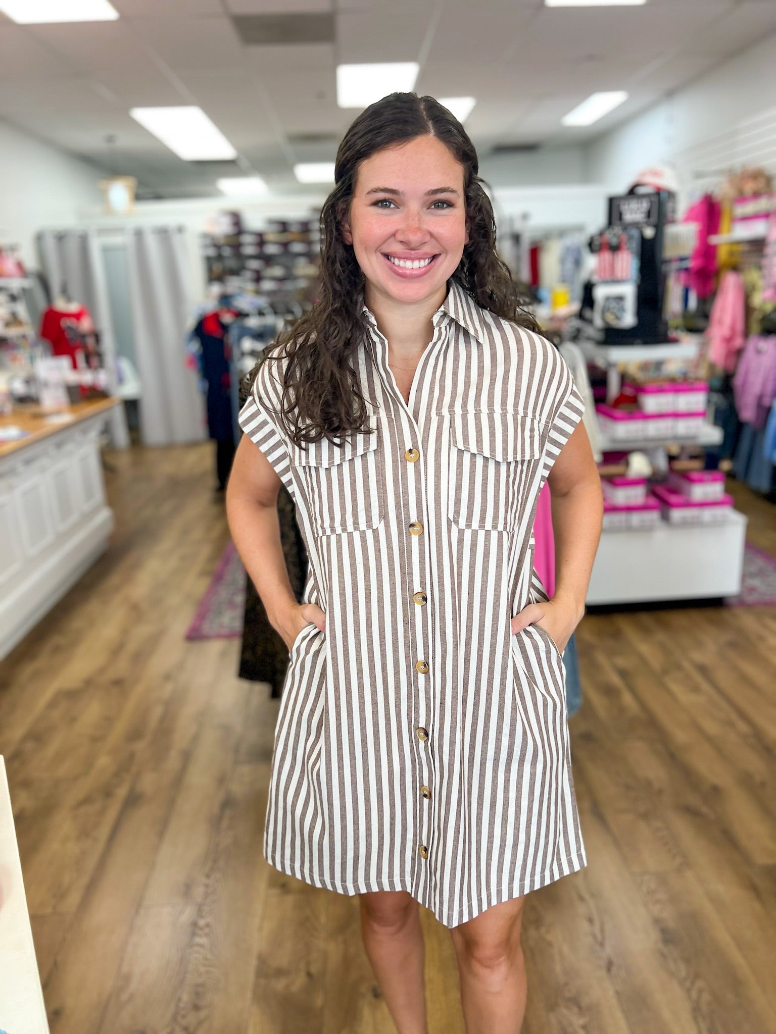 Brown Striped Button Up Dress with Pockets - A'Bekah's Boutique