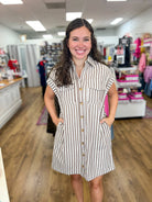 Brown Striped Button Up Dress with Pockets - A'Bekah's Boutique