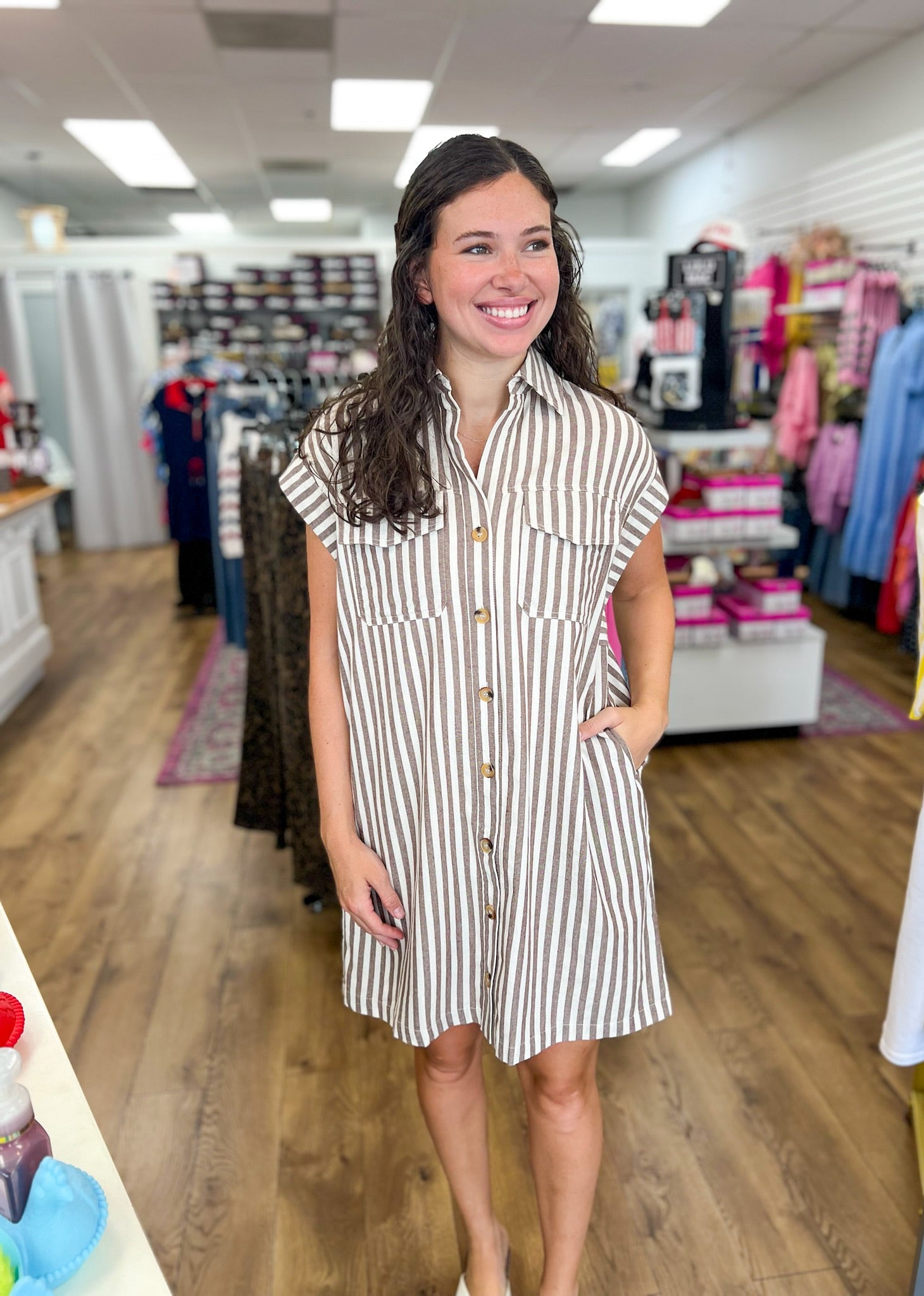 Brown Striped Button Up Dress with Pockets - A'Bekah's Boutique