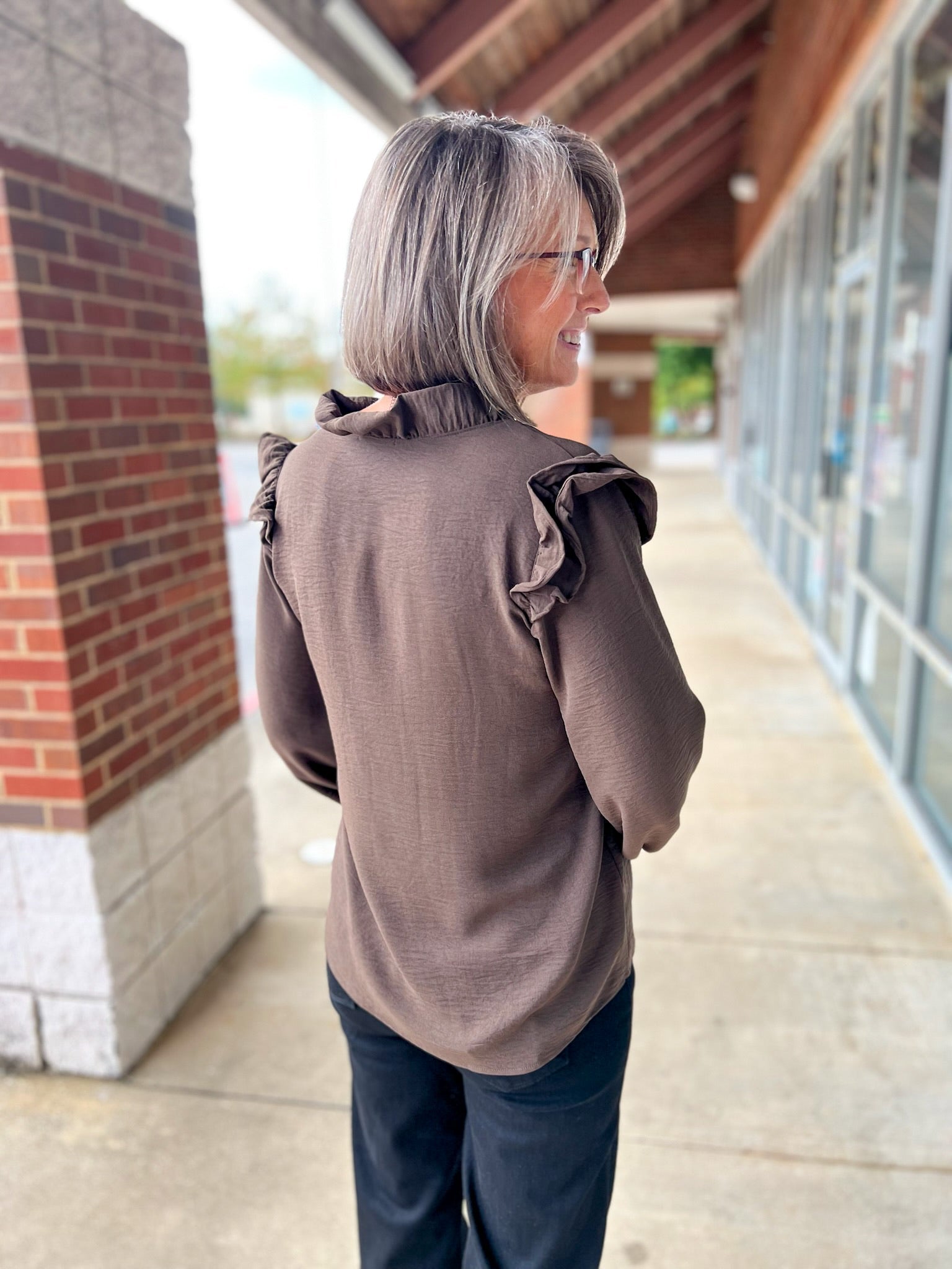 Brown V - Neck Top with Ruffle Shoulder Detail - A'Bekah's Boutique