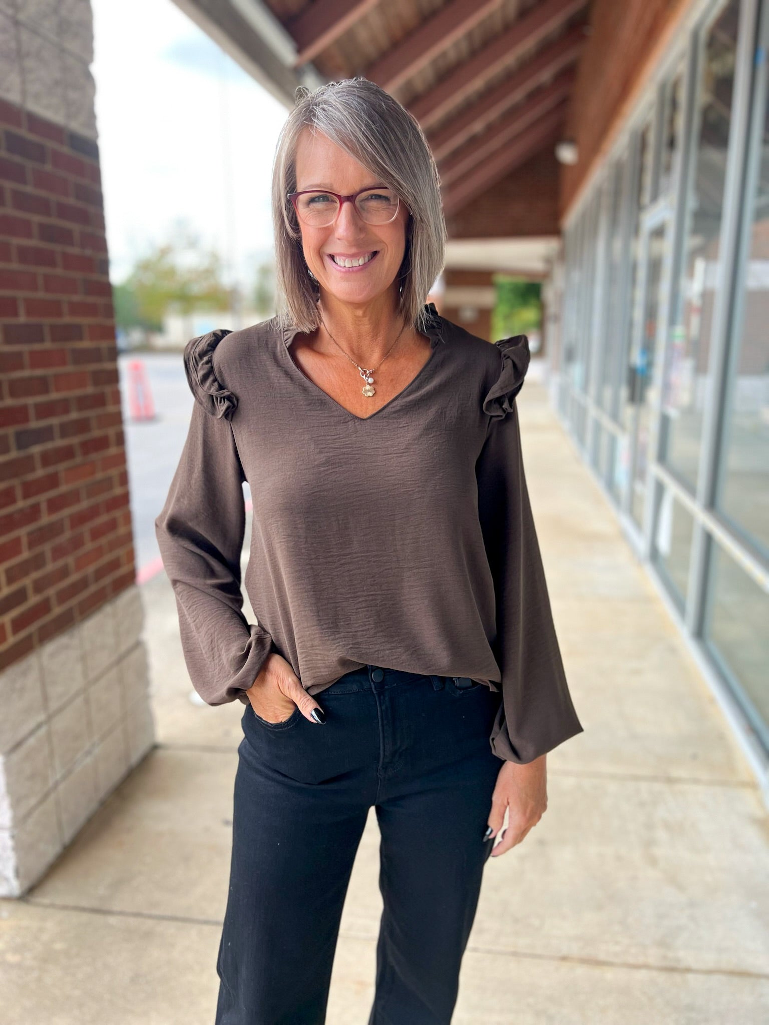 Brown V - Neck Top with Ruffle Shoulder Detail - A'Bekah's Boutique