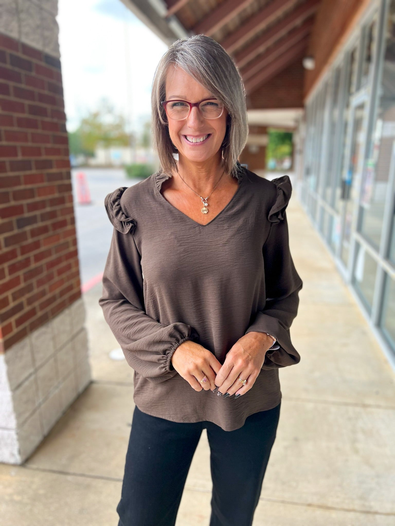 Brown V - Neck Top with Ruffle Shoulder Detail - A'Bekah's Boutique