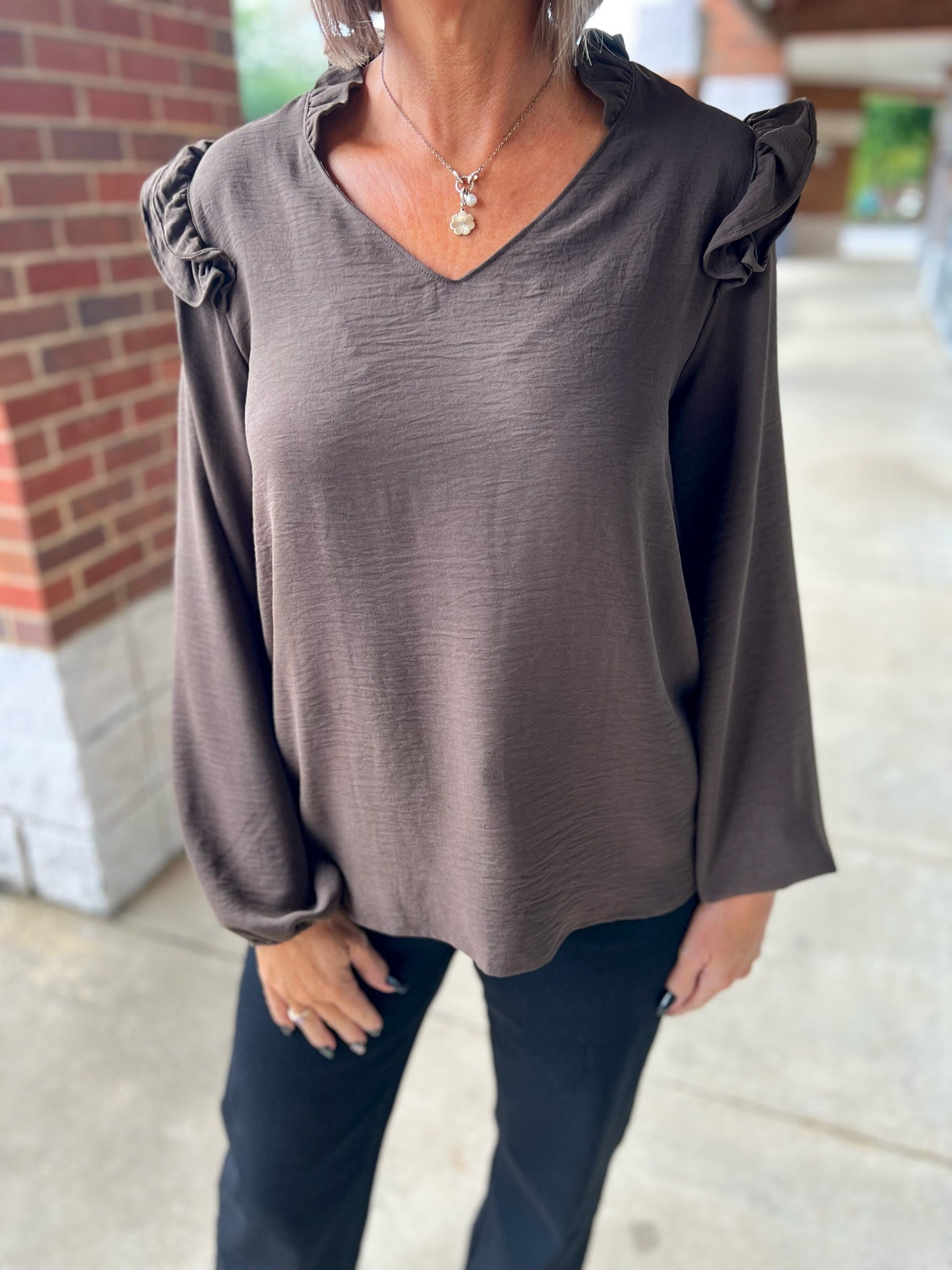 Brown V - Neck Top with Ruffle Shoulder Detail - A'Bekah's Boutique