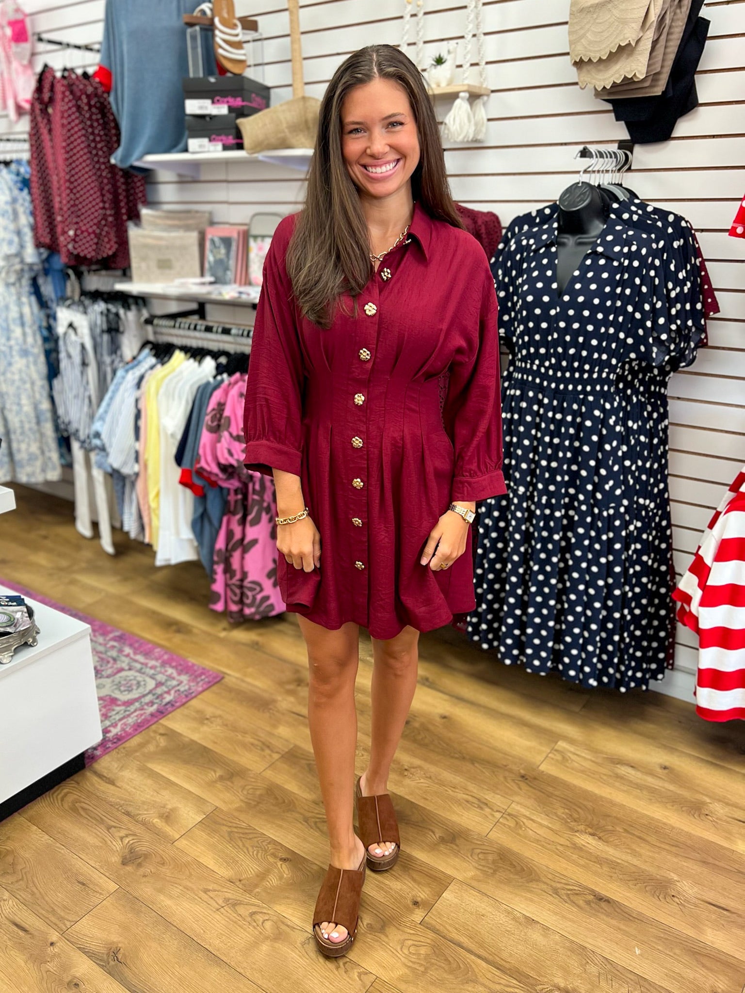 Burgundy Button Front Dress with 3/4 Sleeves - A'Bekah's Boutique