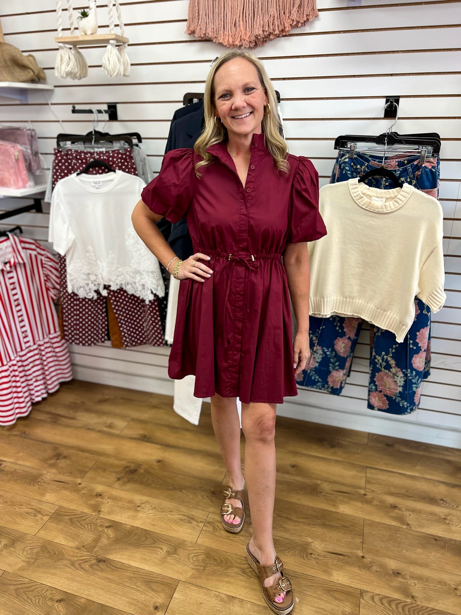 Burgundy Button Up Dress with Drawstring Waist - A'Bekah's Boutique