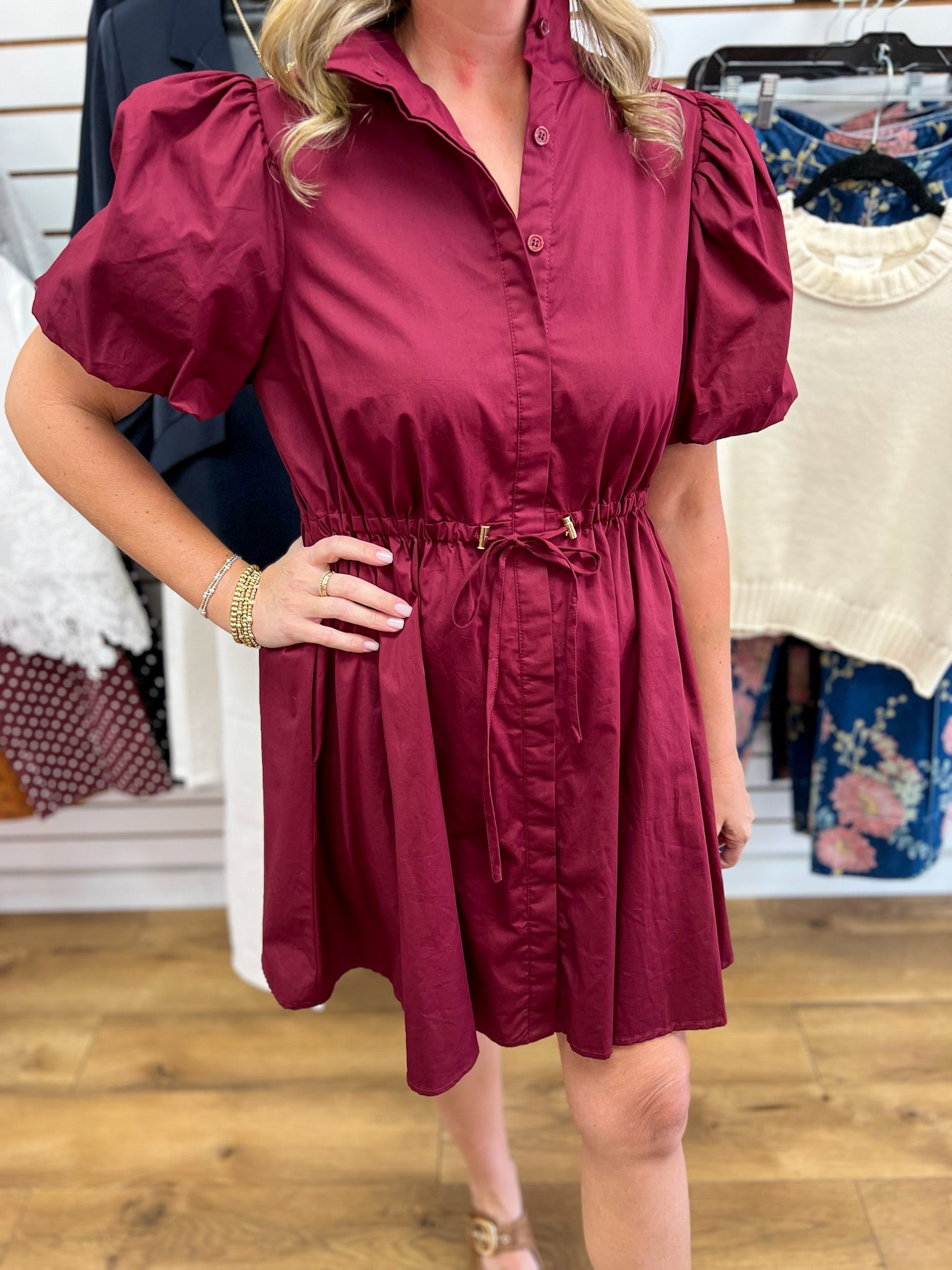 Burgundy Button Up Dress with Drawstring Waist - A'Bekah's Boutique